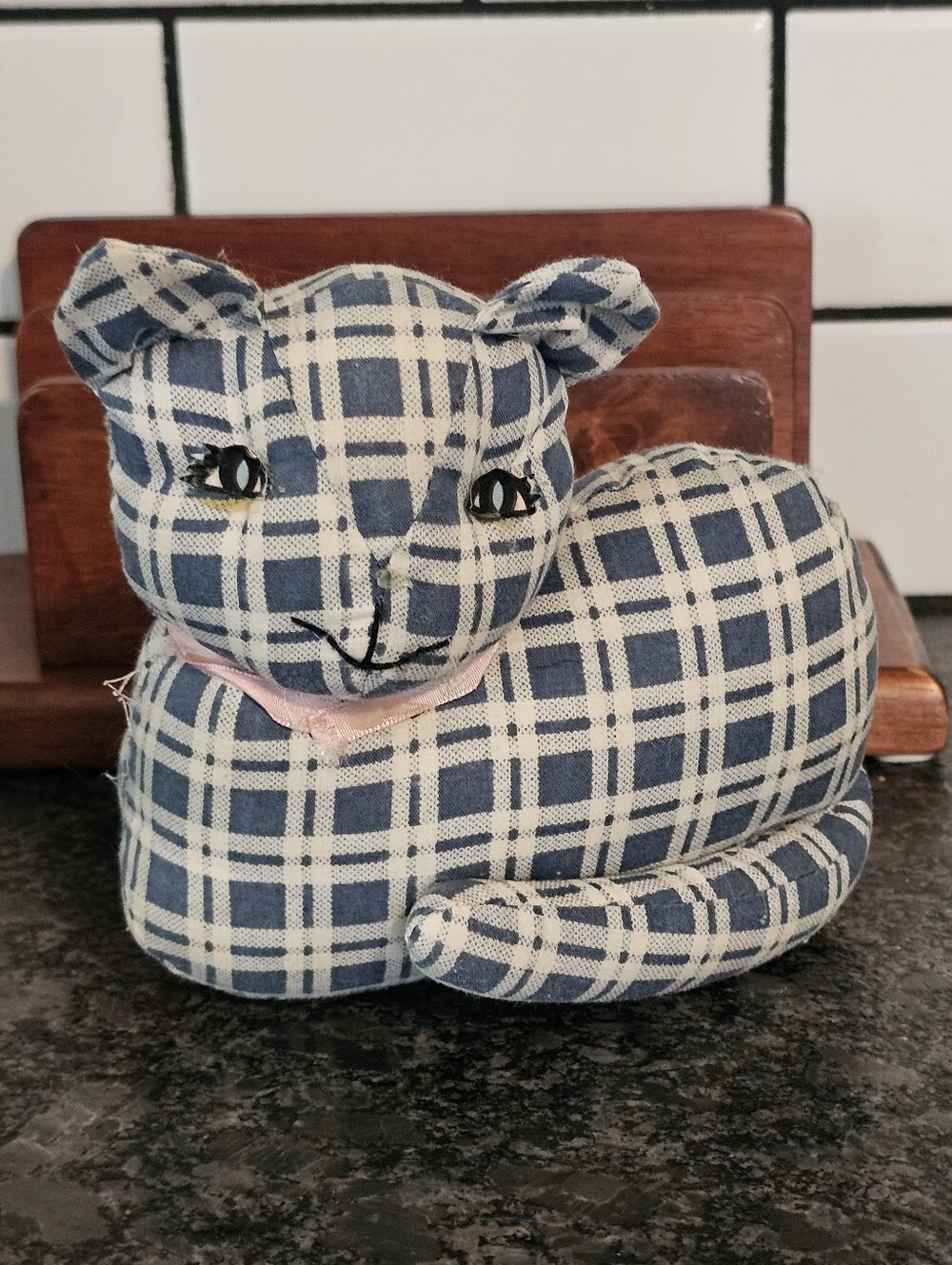 Cottagecore Grandma Cat Gingham Plaid Plush Blue Stuffy Shelf Sitter Corticelli